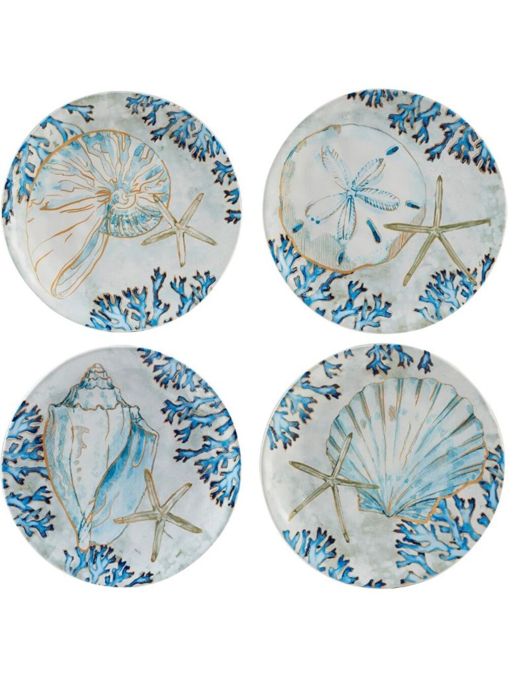 Set of 4 Coastal Shell Salad/Dessert Plates - 8.5” Beachy Tableware